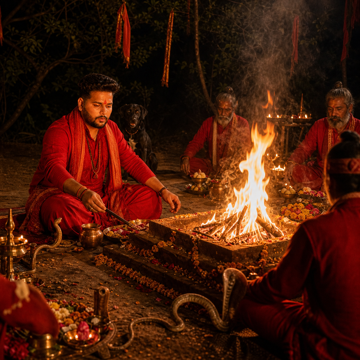Astrologer Piyush Sharma seated near sacred fire ritual